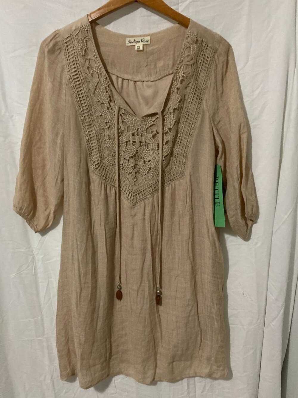 Womens SPetite  Boho Beige Lace Hippie Dress Drawstring Beads Short Summer West